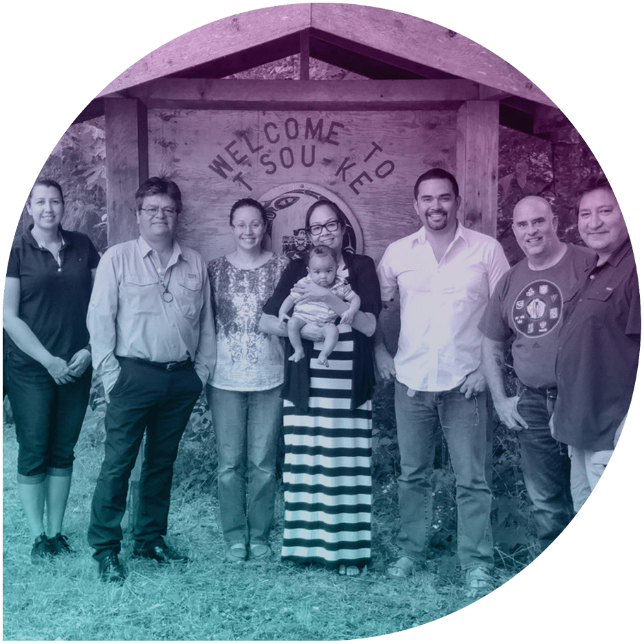 Group of people in front of a welcome sign