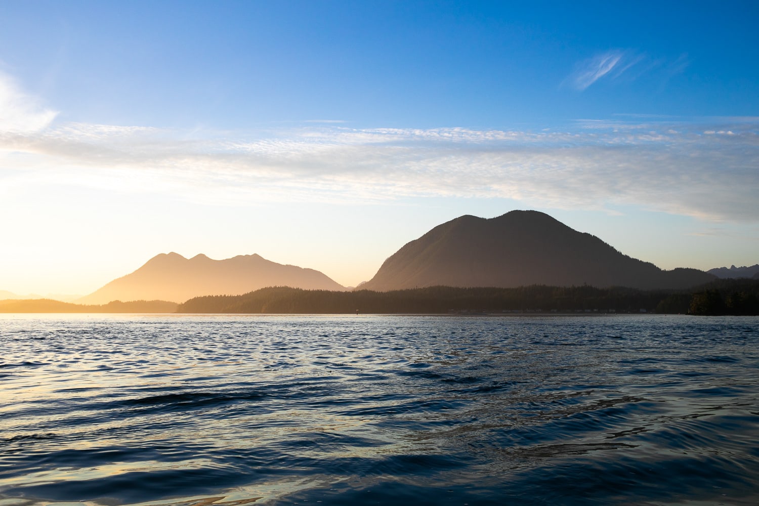 Photo of Clayoquot Sound at sunset. The waters are calm as the sunsets to the left. Treed mountains rise out of the waters and are cast in a golden glow.