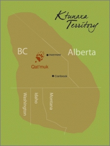A detailed map of Ktunaxa territory, which overlaps the cities of Invermere and Cranbrook in British Columbia, as well as the borders of Alberta, Washington, Idaho, and Montana.
