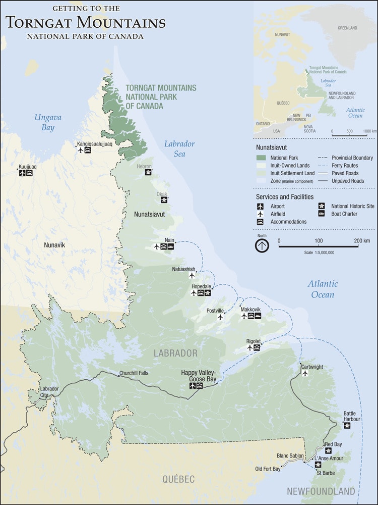 A map of Tongait KakKasuangita SilakKijapvinga also known as Torngat Mountains National Park on the northern tip of Nunatsiavut, Labrador Peninsula.