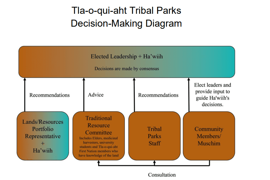 A decision-making diagram for Tla-o-qui-aht Tribal Parks. Staff, Committee and Portfolio representatives support decisions made by the collective leadership. These decisions are made by consensus.