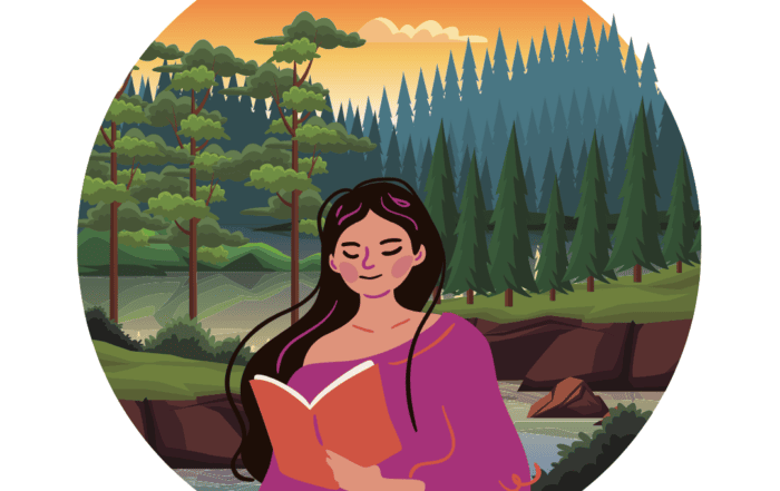An illustration of a woman with long dark hair and purple clothing reading a book. Trees, water, mountains, and a sunset are behind her.