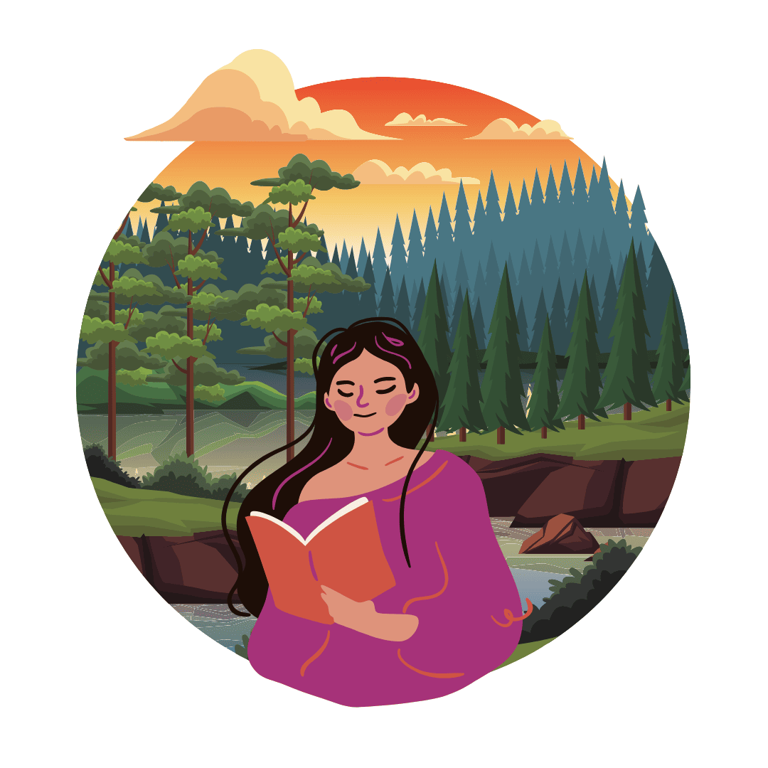 An illustration of a woman with long dark hair and purple clothing reading a book. Trees, water, mountains, and a sunset are behind her.