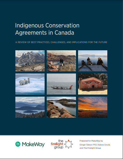 A dark blue background with various images of people on the land and landscapes with the title: Indigenous Conservation Agreements in Canada.