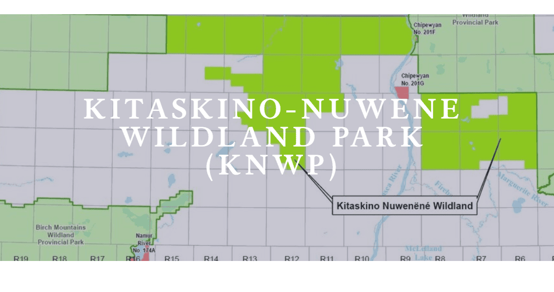 The title: Kitaskino-Nuwene Wildland Park set against a background of a zoomed in map of the area.
