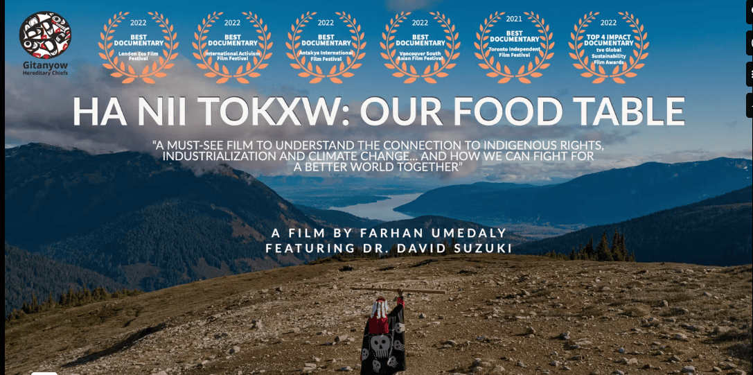 The cover image for the Ha Nii Tokxw: Our Food Table documentary. It features a figure standing with their back to the camera in Gitanyow regalia holding a