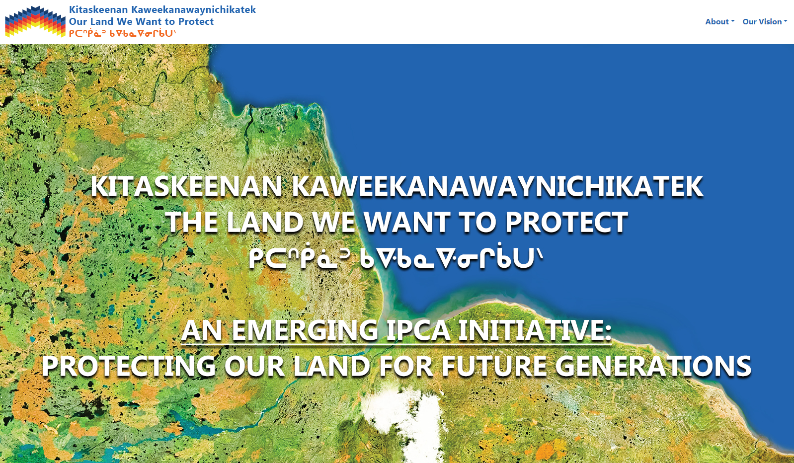 A satellite image of a coastline is superimposed by the Kitaskeenan Kaweekanawaynichikatek title in English and in Indigenous characters.