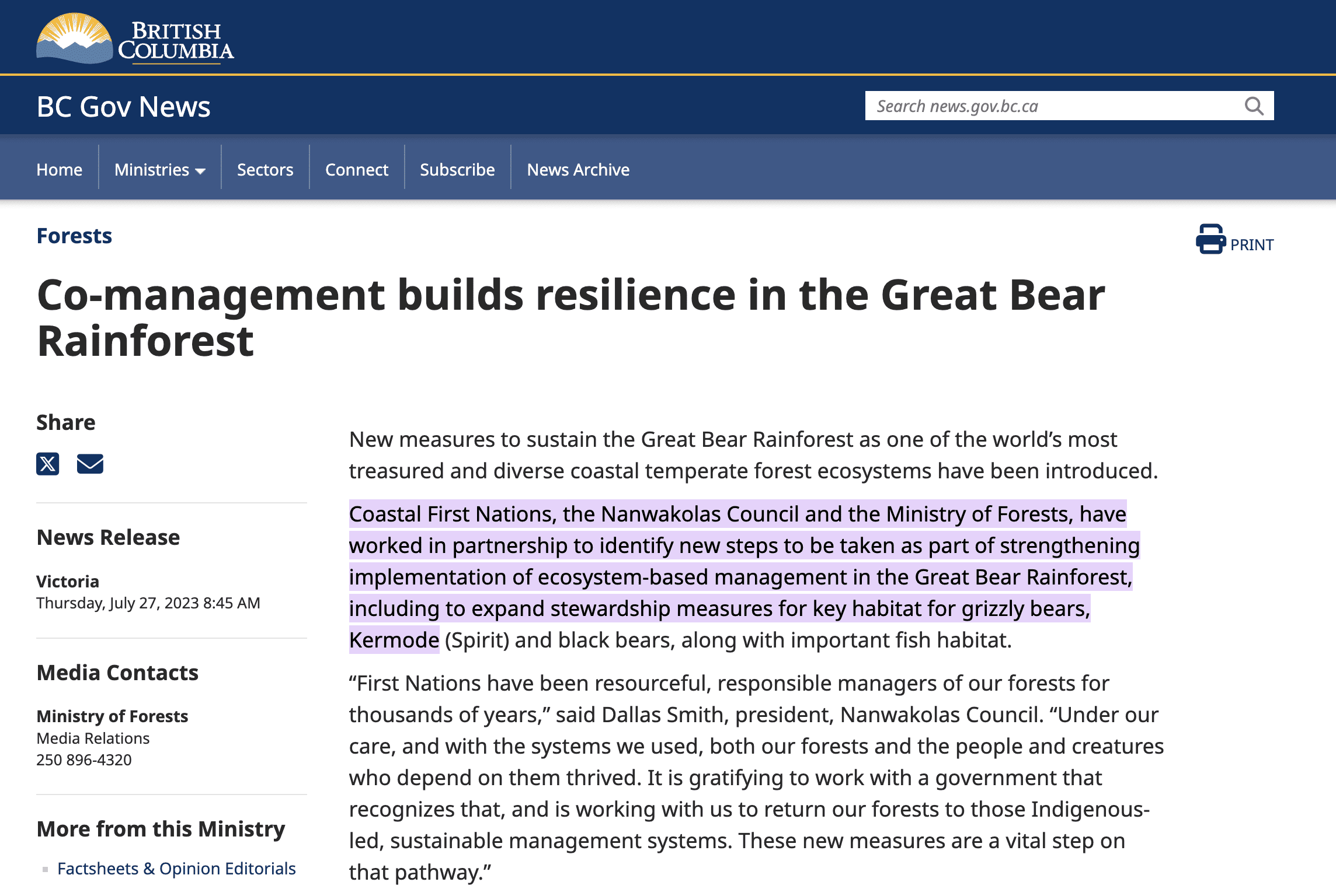Co-management builds resilience in the Great Bear Rainforest press release screenshot