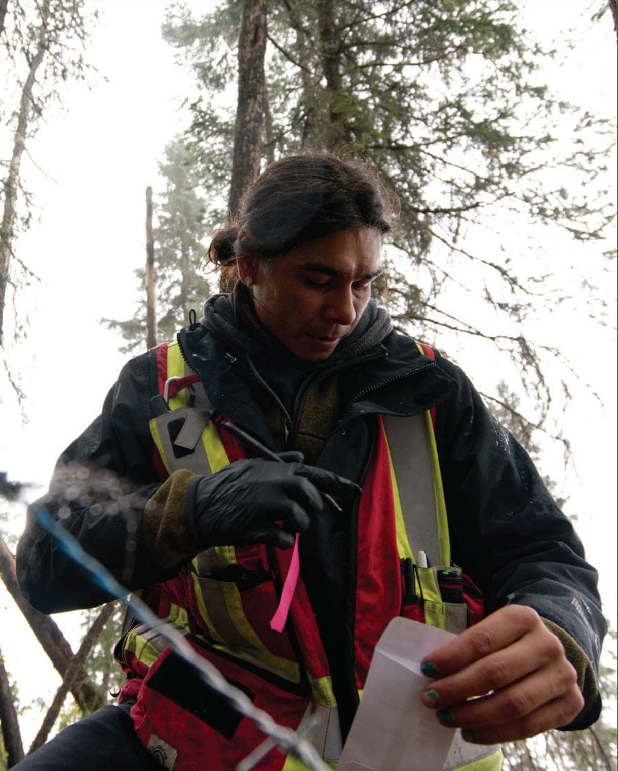 Jordan Demeulemeester, Senior Land Guardian with Saulteau First Nations does grizzly bear monitoring.