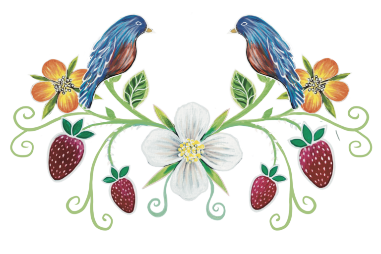 An illustration of two blue birds facing each other, resting on the vines of a strawberry plant.