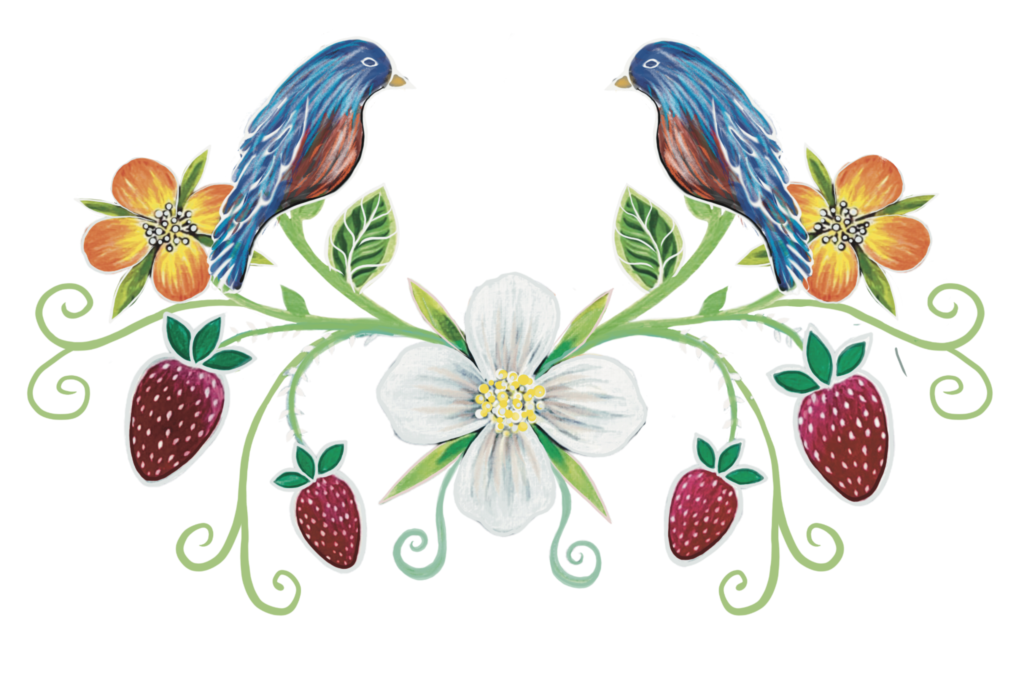 An illustration of two blue birds facing each other, resting on the vines of a strawberry plant.