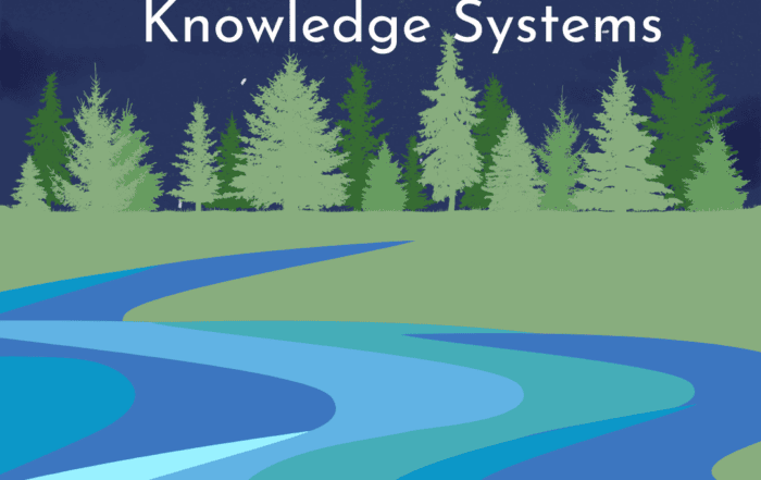 An illustration of a night sky, a forest, and blended streams of water. The text "Speaking Across Knowledge Systems" is in the night sky. The text "An audio series from Conservation through Reconciliation Partnership" is at the bottom in the water.