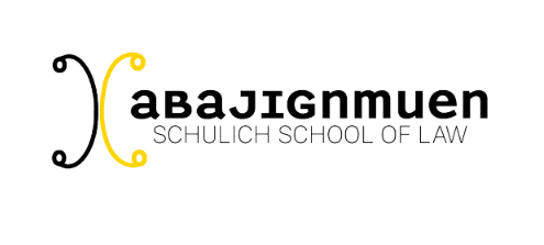 The logo for the abajignmuen Schulich School of Law with black lettering and two crescent circles back to back, one black and one yellow.